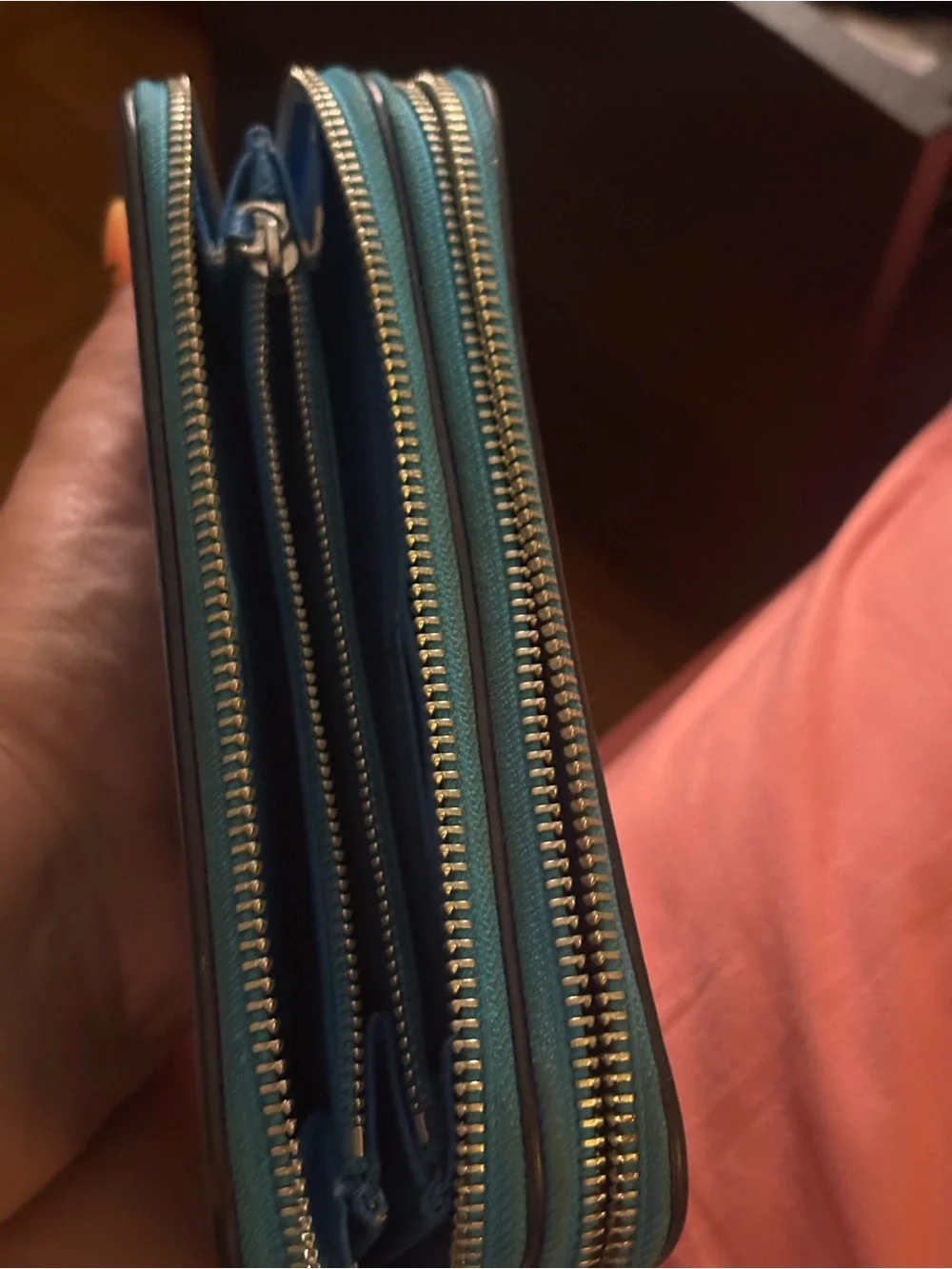 Coach Teal Leather Zip Wristlet Wallet with Gold Hardware